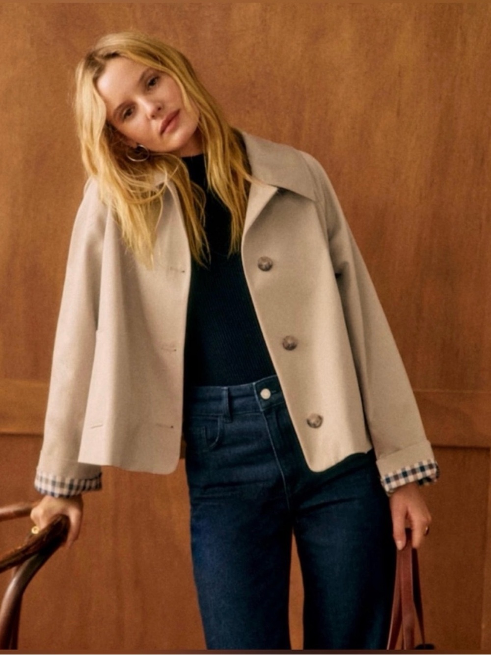 SEZANE Bobby Jacket Light Beige Tan Checked Lining French Parisian Trench Coat